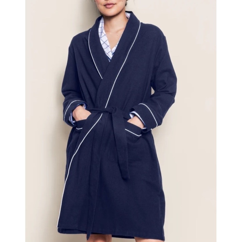 Petite Plume Robe Women M Navy Blue Flannel 100% Cotton Belted Short Pockets - Picture 3 of 13